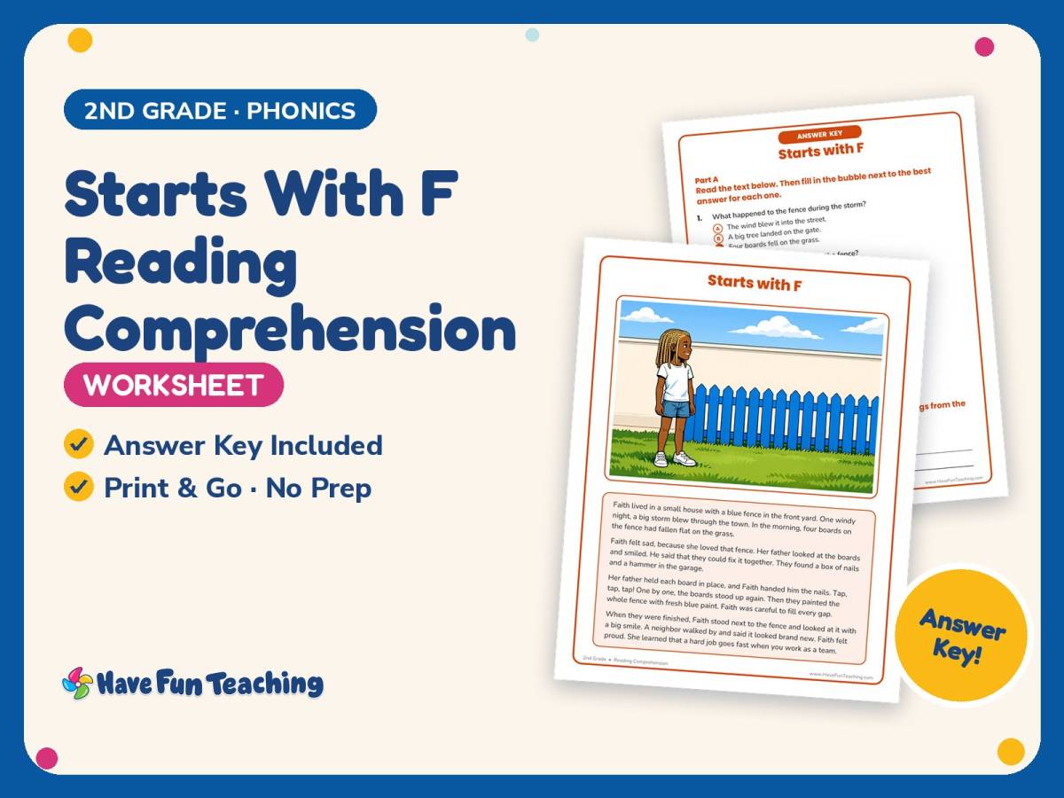Starts With F Reading Comprehension Worksheet – 2nd Grade Alphabet preview