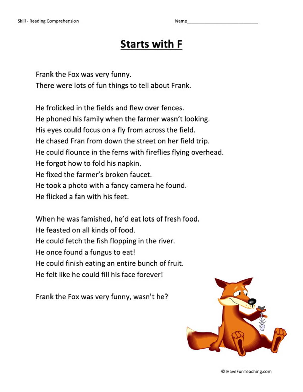 An educational teaching resource from Have Fun Teaching entitled Starts With F Reading Comprehension Worksheet downloadable at Teach Simple.