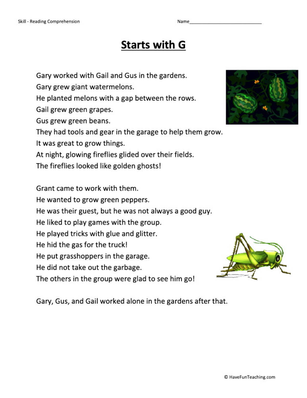 An educational teaching resource from Have Fun Teaching entitled Starts With G Reading Comprehension Worksheet downloadable at Teach Simple.