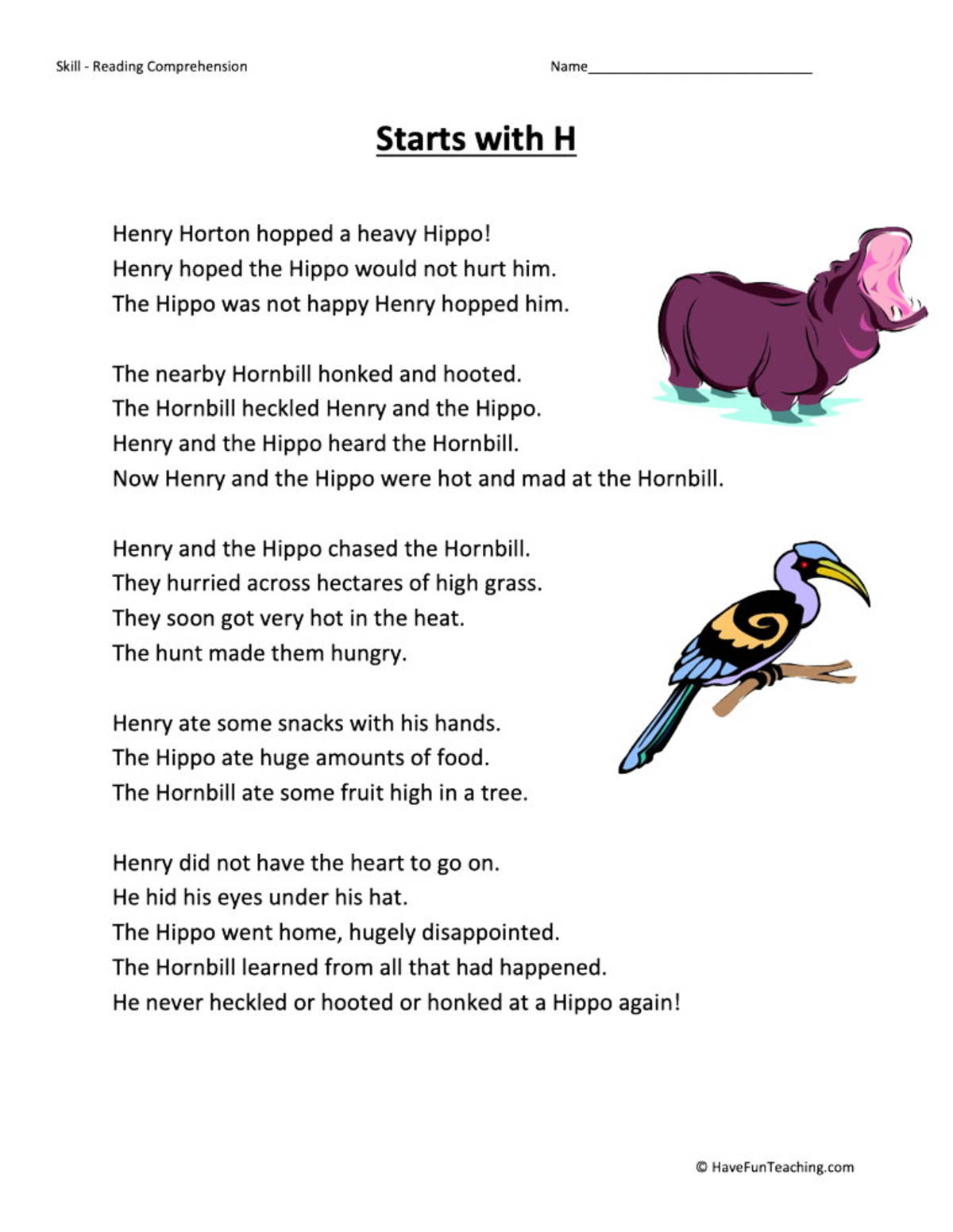 An educational teaching resource from Have Fun Teaching entitled Starts With H Reading Comprehension Worksheet downloadable at Teach Simple.