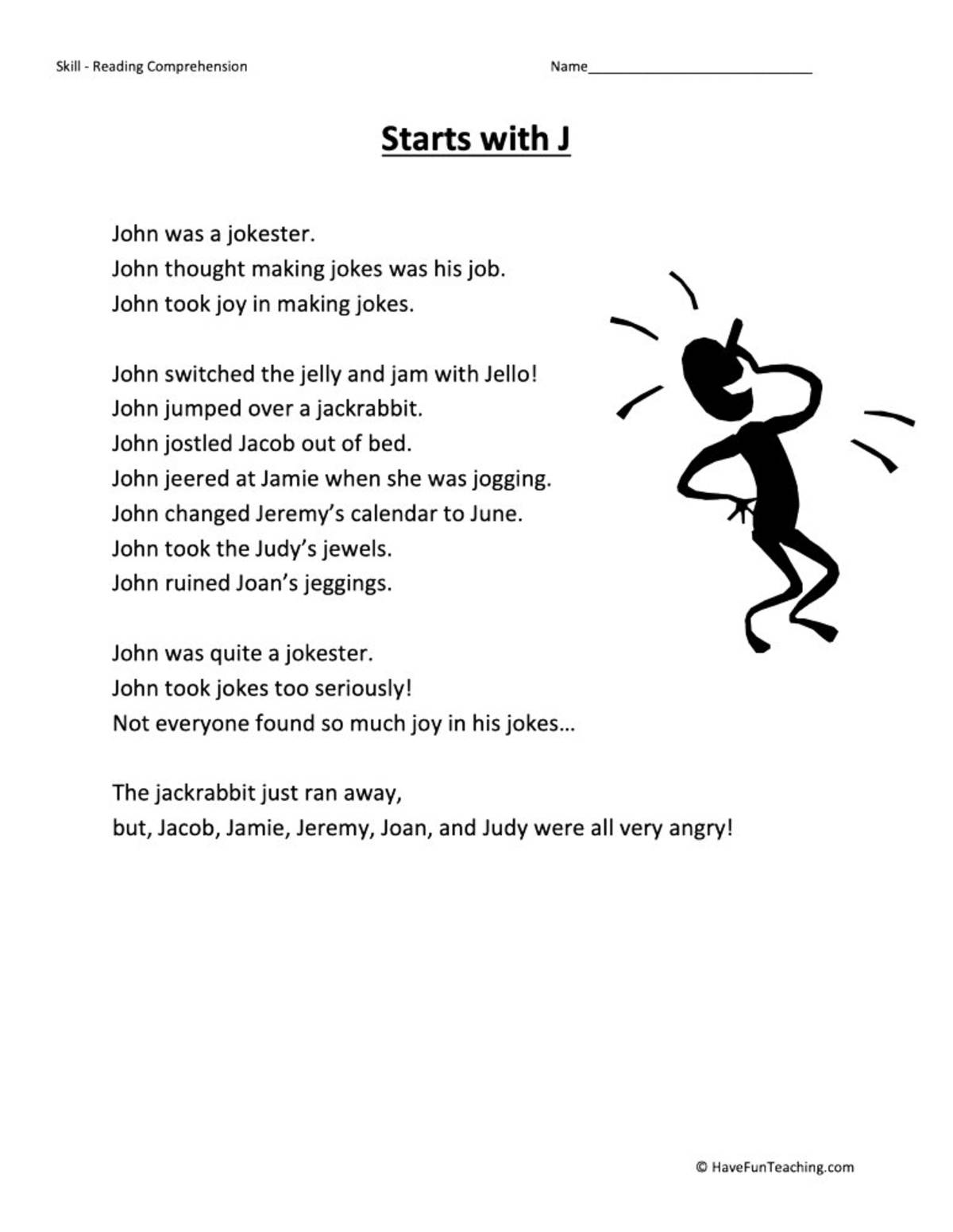 An educational teaching resource from Have Fun Teaching entitled Starts With J Reading Comprehension Worksheet downloadable at Teach Simple.