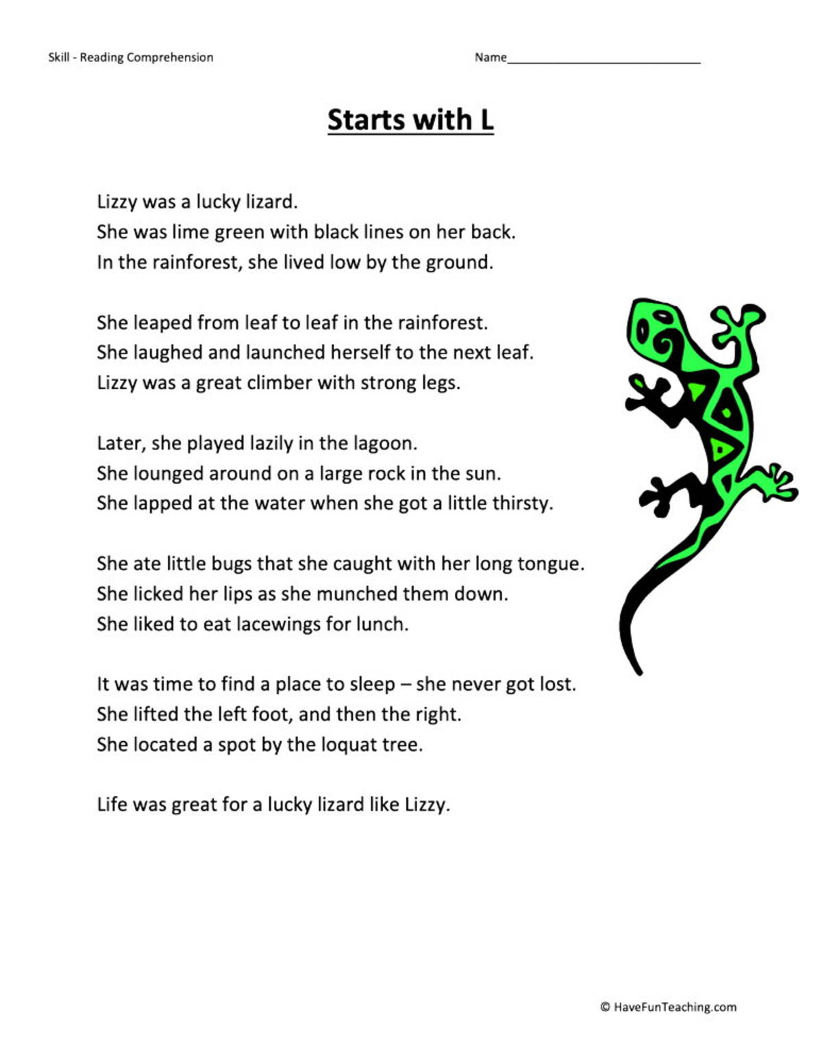 An educational teaching resource from Have Fun Teaching entitled Starts With L Reading Comprehension Worksheet downloadable at Teach Simple.