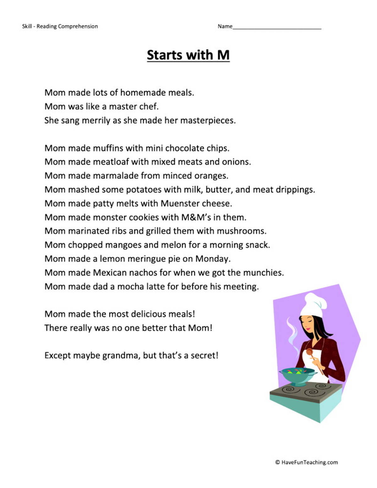 An educational teaching resource from Have Fun Teaching entitled Starts With M Reading Comprehension Worksheet downloadable at Teach Simple.