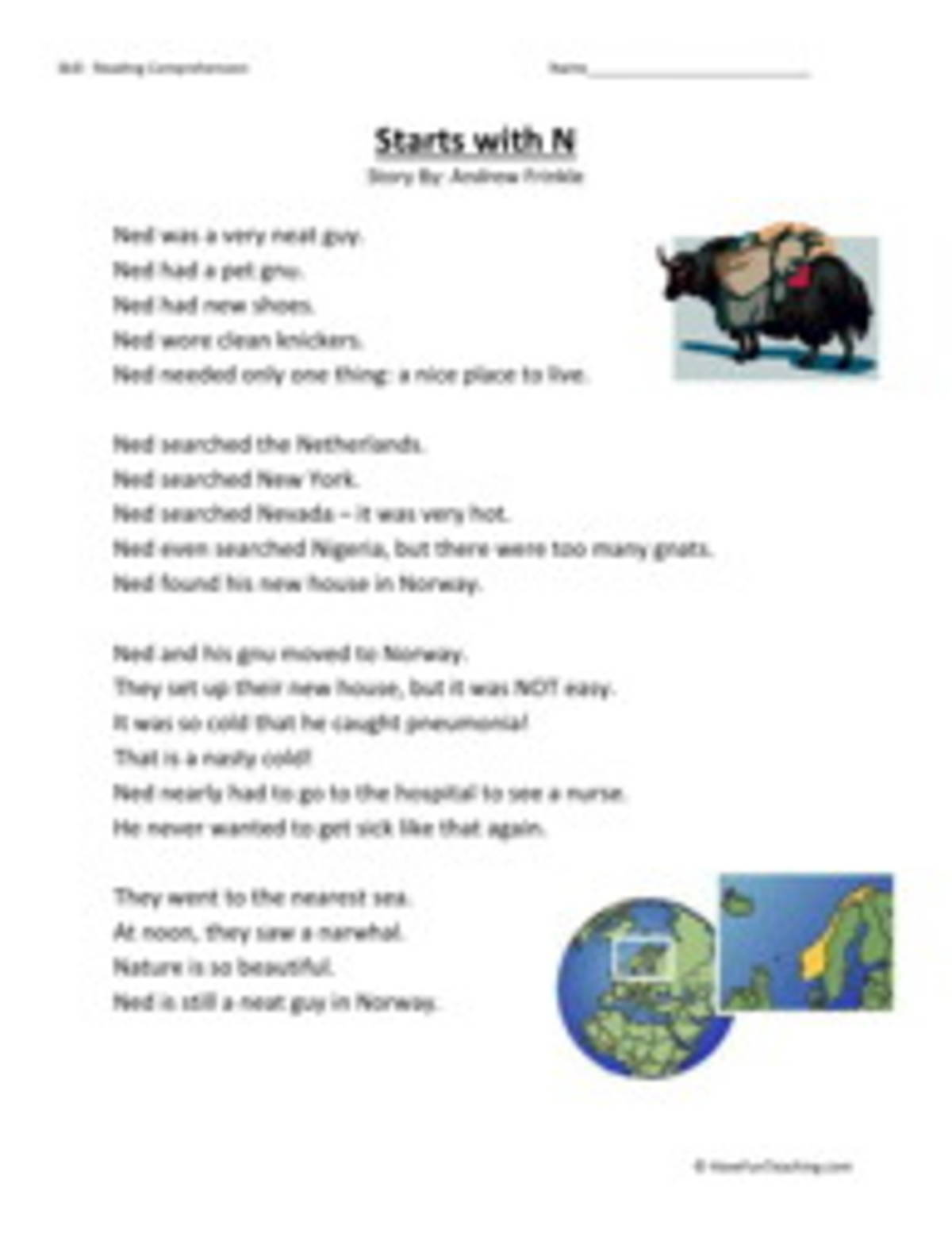 An educational teaching resource from Have Fun Teaching entitled Starts With N Reading Comprehension Worksheet downloadable at Teach Simple.