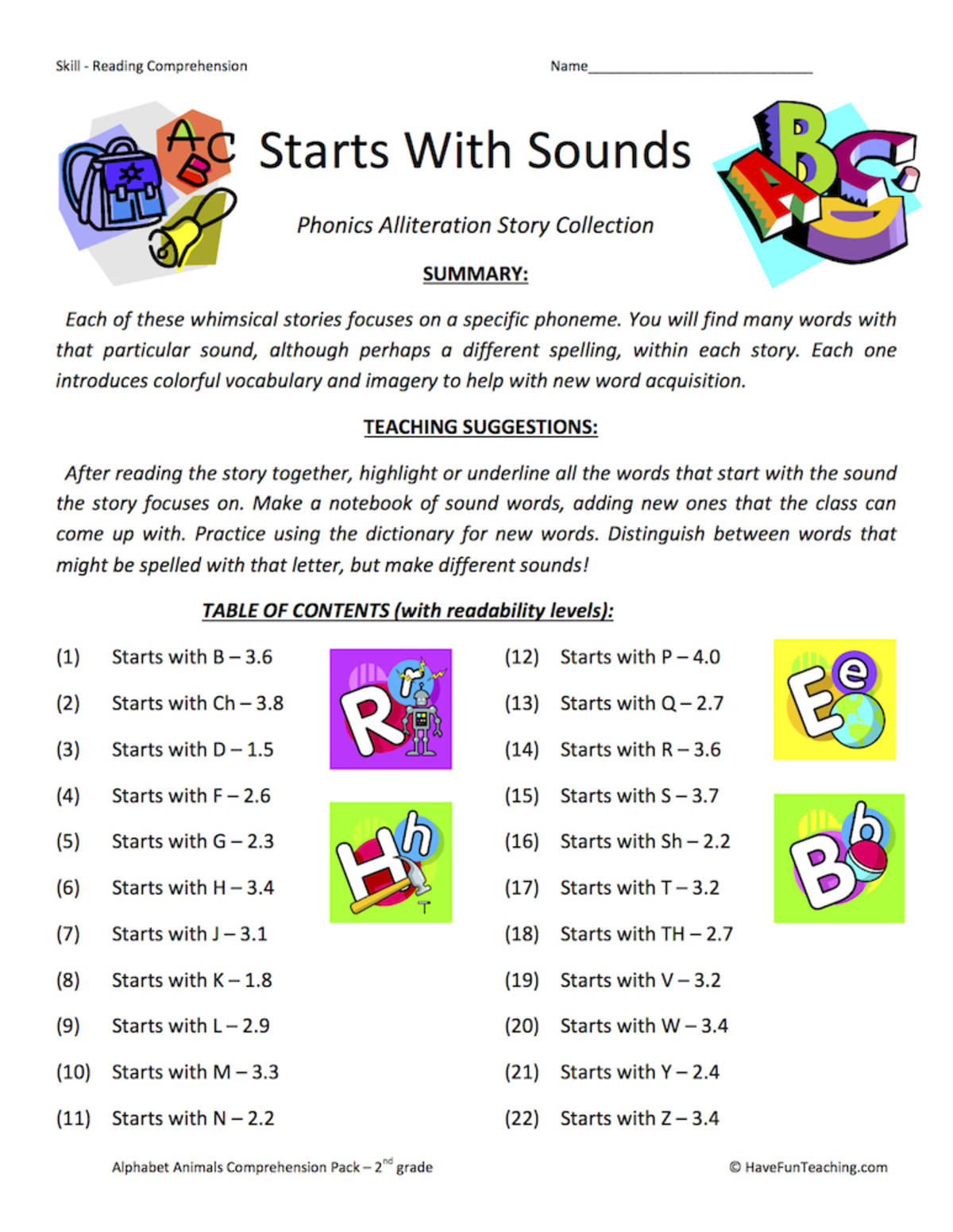 An educational teaching resource from Have Fun Teaching entitled Starts With Sounds Reading Comprehension Test Collection downloadable at Teach Simple.