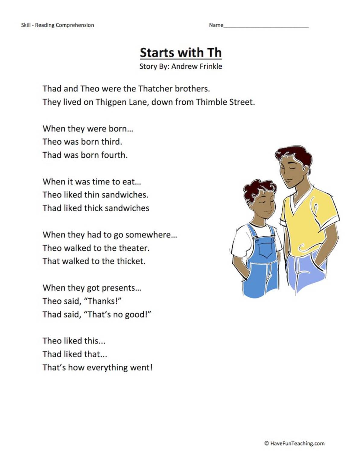 An educational teaching resource from Have Fun Teaching entitled Starts With TH Reading Comprehension Worksheet downloadable at Teach Simple.