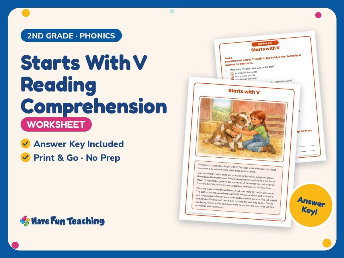 Starts With V Reading Comprehension Worksheet – 2nd Grade Alphabet preview