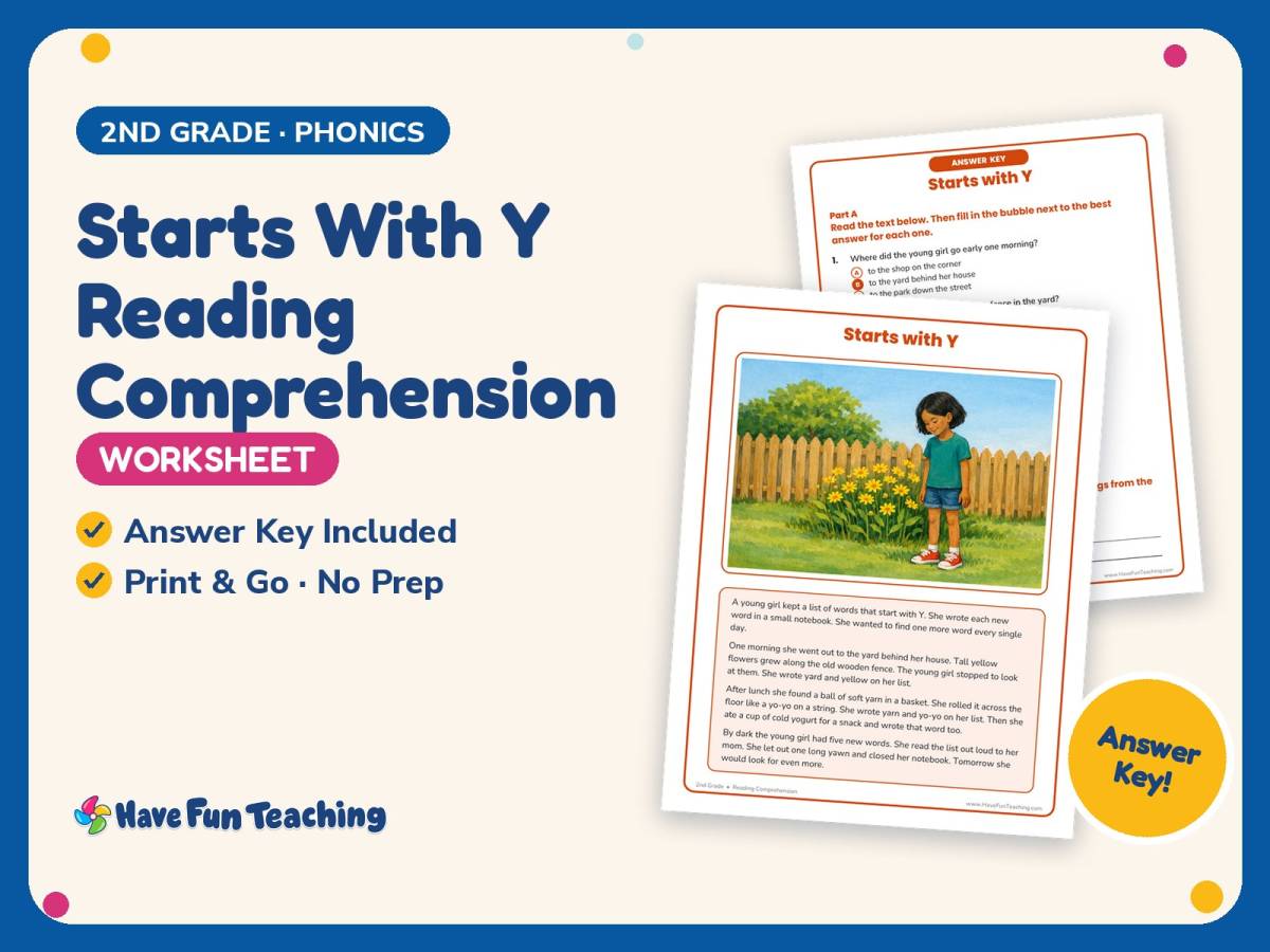 Starts With Y Reading Comprehension Worksheet – 2nd Grade Alphabet preview