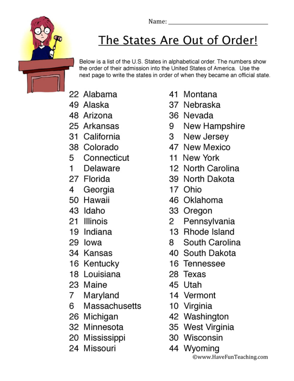 An educational teaching resource from Have Fun Teaching entitled State Dates Worksheet downloadable at Teach Simple.
