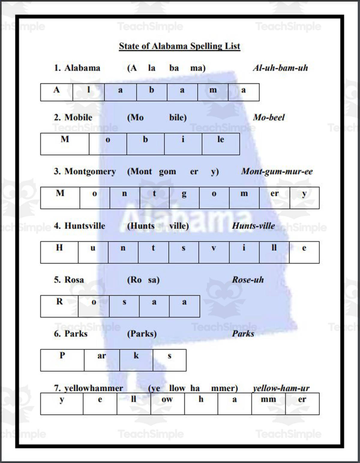 An educational teaching resource from Mr. Matthews Teacher Store entitled State of Alabama Spelling List downloadable at Teach Simple.