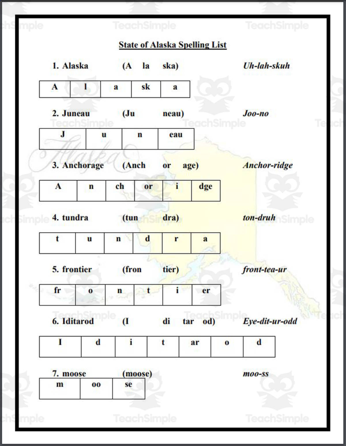 An educational teaching resource from Mr. Matthews Teacher Store entitled State of Alaska Spelling List downloadable at Teach Simple.