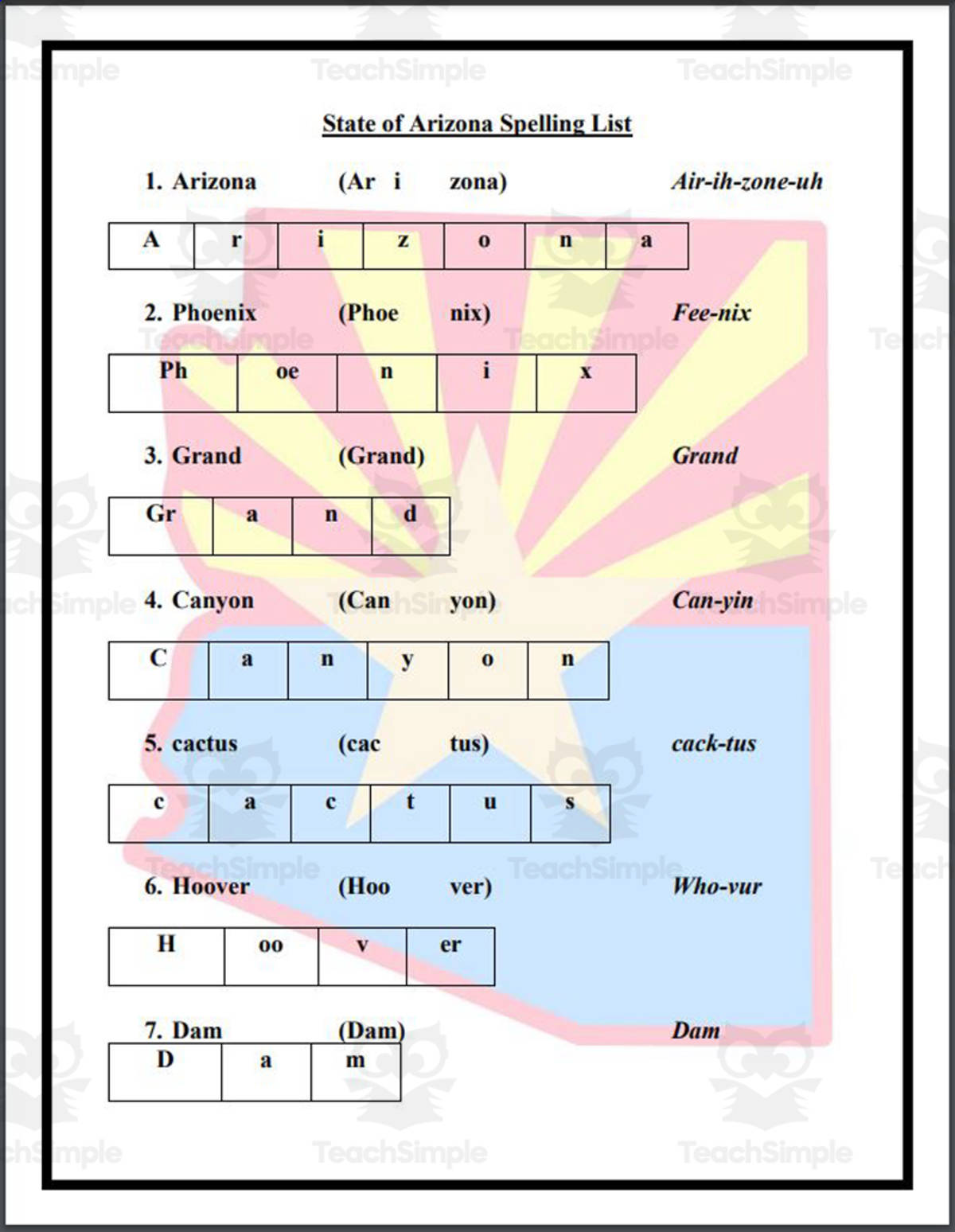 An educational teaching resource from Mr. Matthews Teacher Store entitled State of Arizona Spelling List downloadable at Teach Simple.