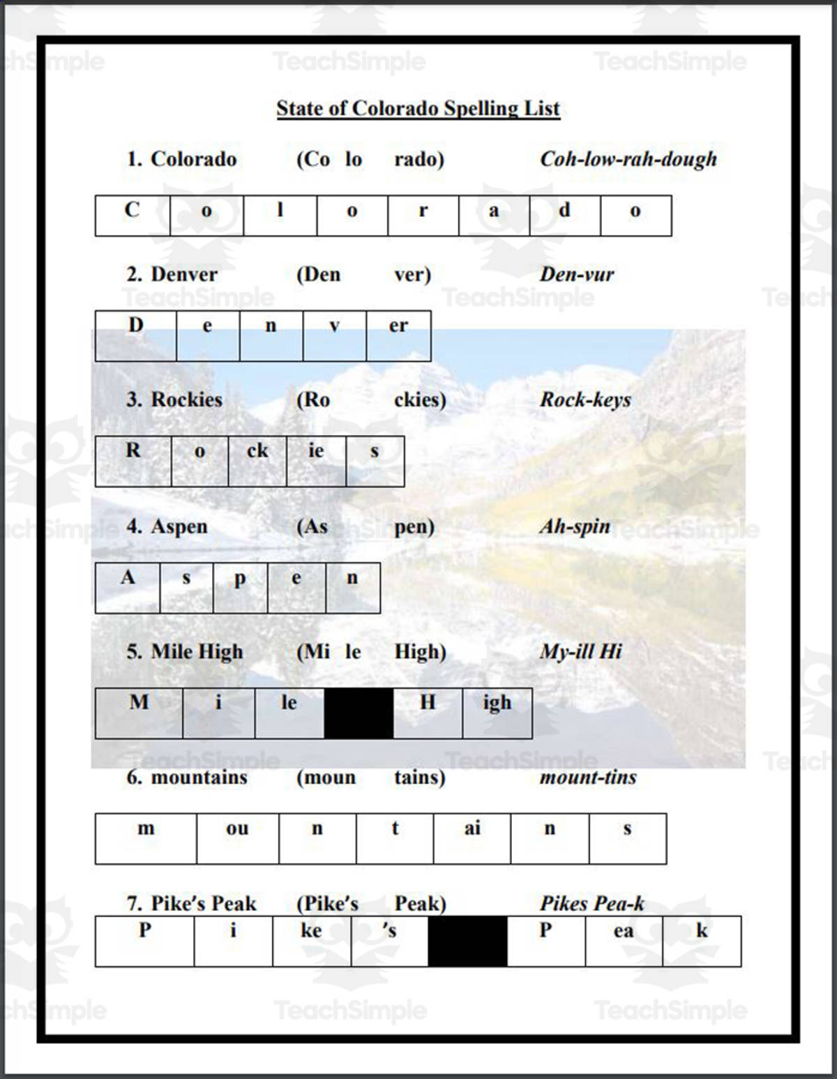An educational teaching resource from Mr. Matthews Teacher Store entitled State of Colorado Spelling List downloadable at Teach Simple.