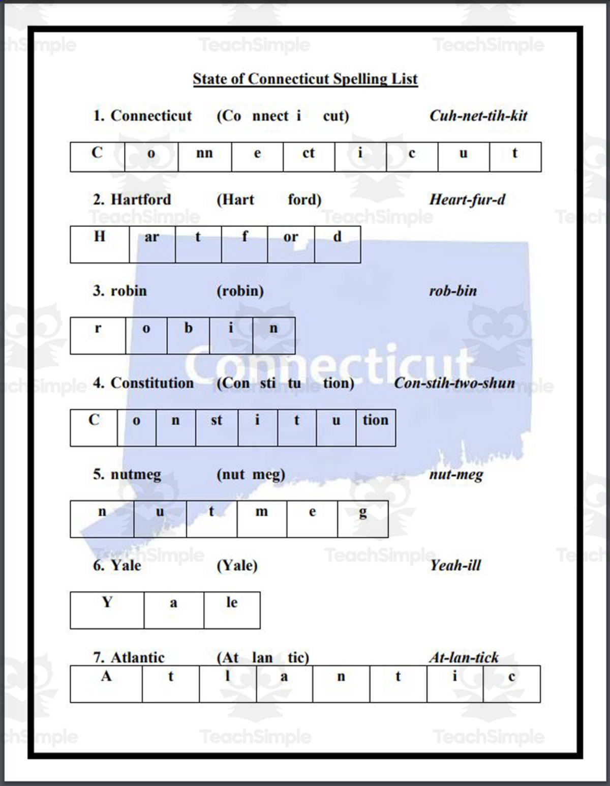 An educational teaching resource from Mr. Matthews Teacher Store entitled State of Connecticut Spelling List downloadable at Teach Simple.