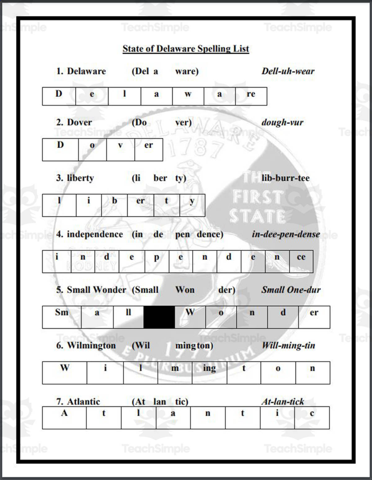 An educational teaching resource from Mr. Matthews Teacher Store entitled State of Delaware Spelling List downloadable at Teach Simple.