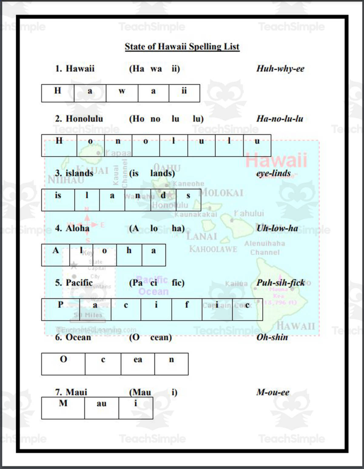 An educational teaching resource from Mr. Matthews Teacher Store entitled State of Hawaii Spelling List downloadable at Teach Simple.
