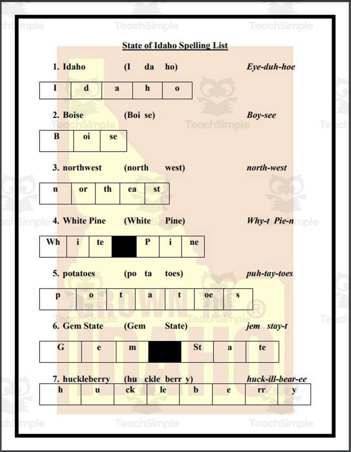 An educational teaching resource from Mr. Matthews Teacher Store entitled State of Idaho Spelling List downloadable at Teach Simple.