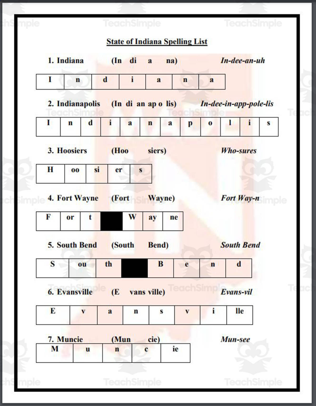 An educational teaching resource from Mr. Matthews Teacher Store entitled State of Indiana Spelling List downloadable at Teach Simple.
