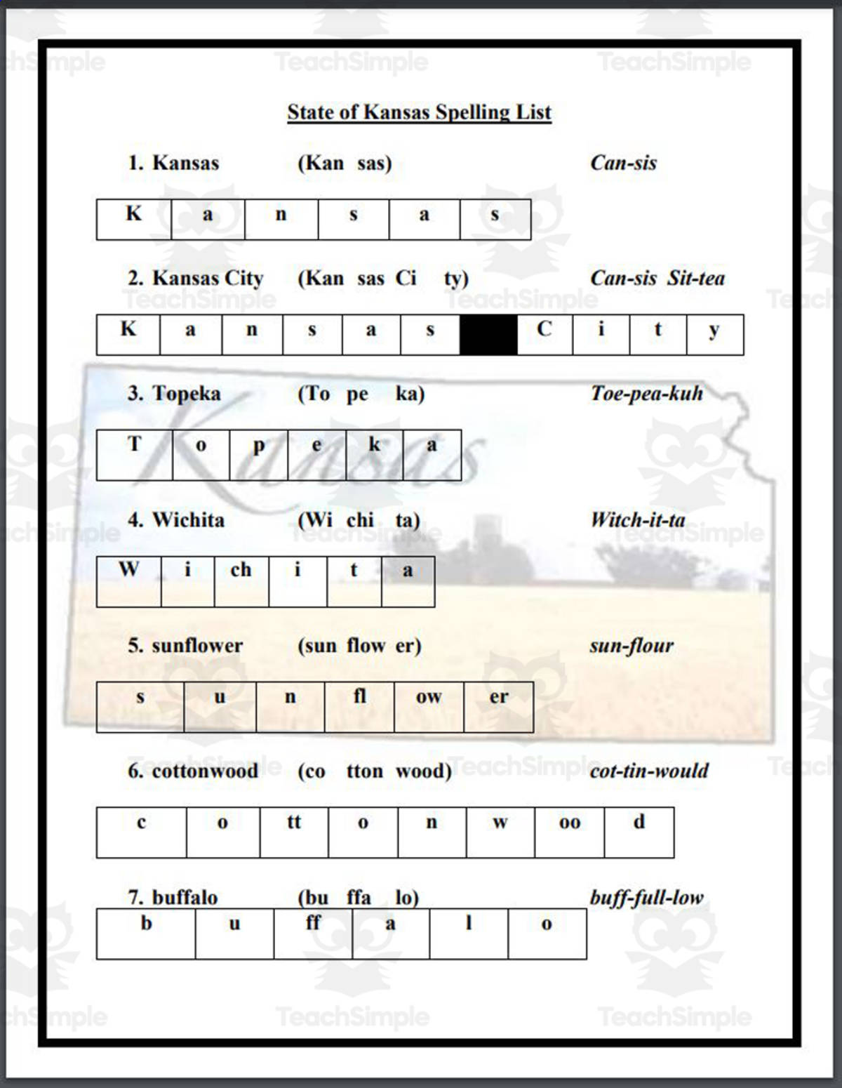An educational teaching resource from Mr. Matthews Teacher Store entitled State of Kansas Spelling List downloadable at Teach Simple.