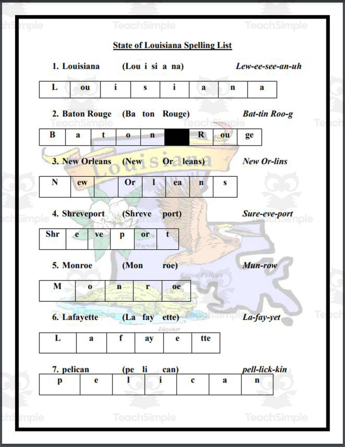 An educational teaching resource from Mr. Matthews Teacher Store entitled State of Louisiana Spelling List downloadable at Teach Simple.