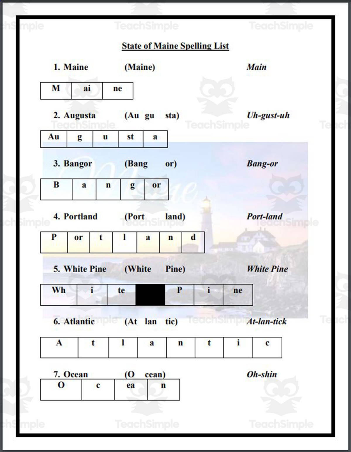 An educational teaching resource from Mr. Matthews Teacher Store entitled State of Maine Spelling List downloadable at Teach Simple.