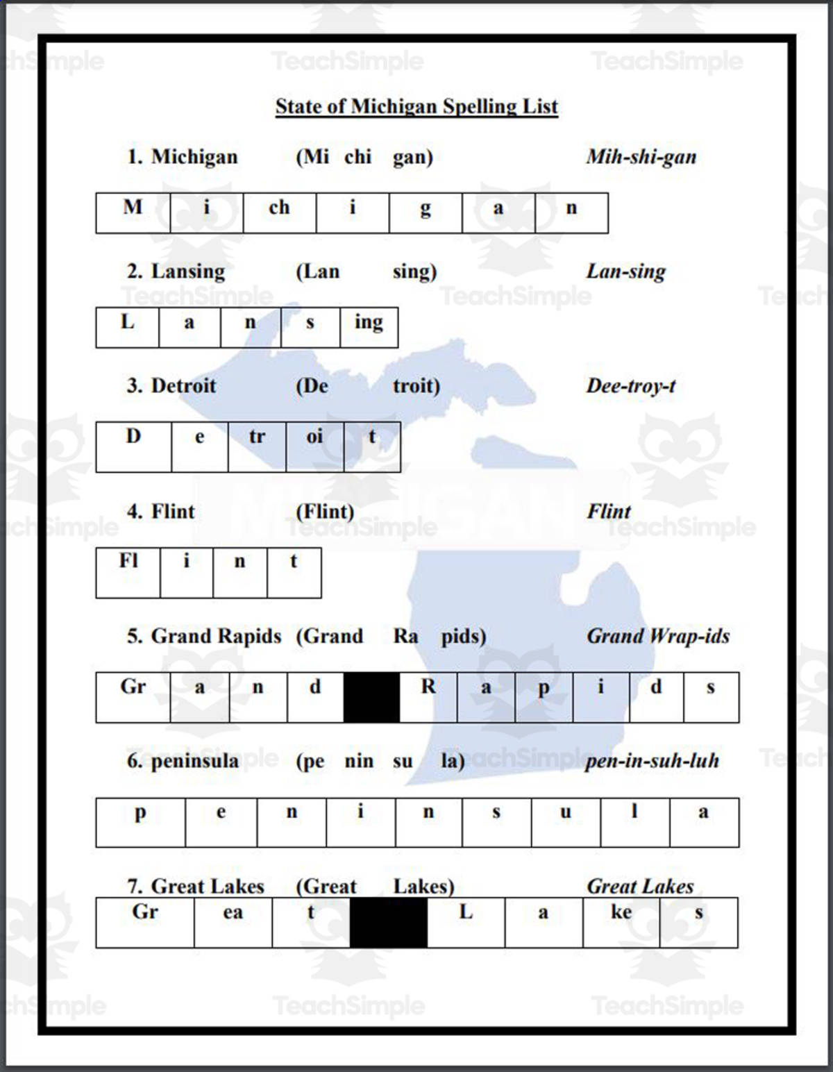 An educational teaching resource from Mr. Matthews Teacher Store entitled State of Michigan Spelling List downloadable at Teach Simple.
