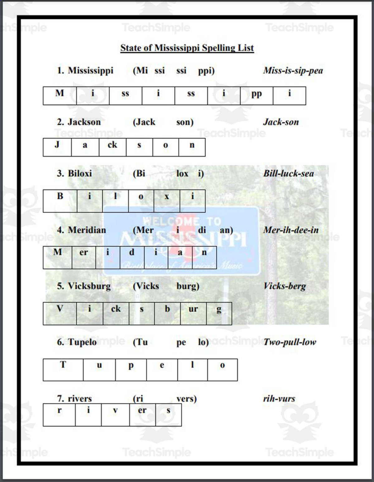 An educational teaching resource from Mr. Matthews Teacher Store entitled State of Mississippi Spelling List downloadable at Teach Simple.