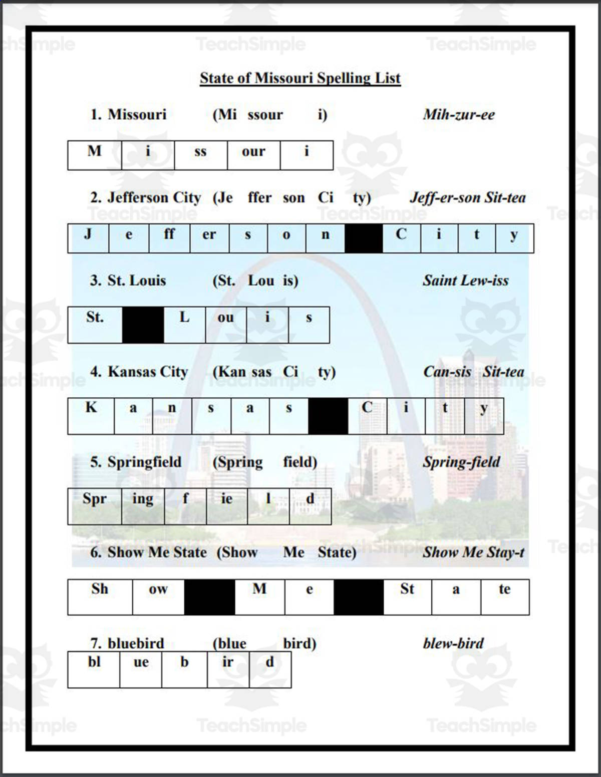 An educational teaching resource from Mr. Matthews Teacher Store entitled State of Missouri Spelling List downloadable at Teach Simple.