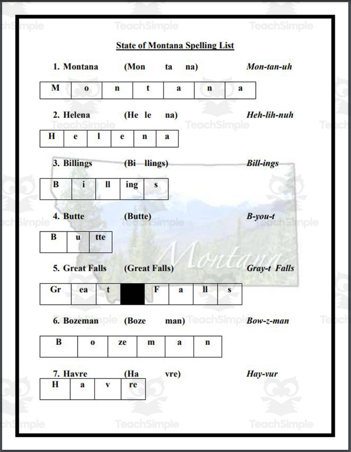 An educational teaching resource from Mr. Matthews Teacher Store entitled State of Montana Spelling List downloadable at Teach Simple.