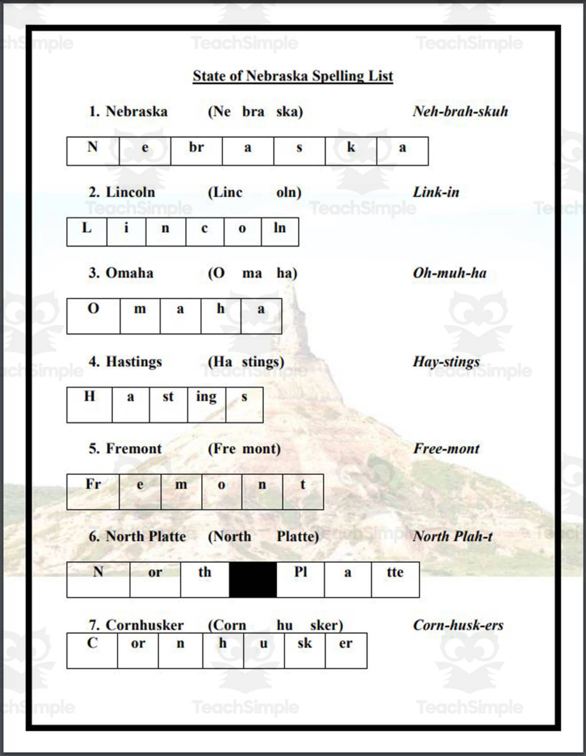 An educational teaching resource from Mr. Matthews Teacher Store entitled State of Nebraska Spelling List downloadable at Teach Simple.