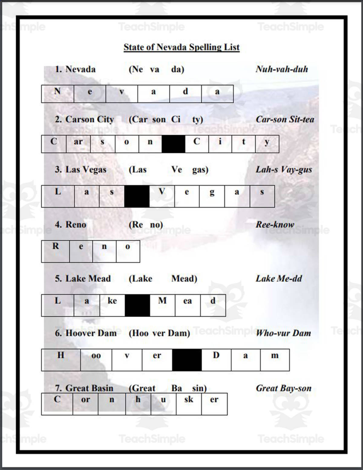 An educational teaching resource from Mr. Matthews Teacher Store entitled State of Nevada Spelling List downloadable at Teach Simple.