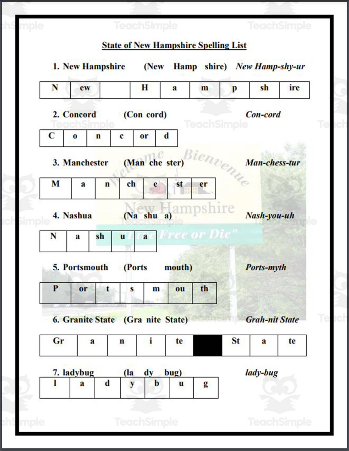 An educational teaching resource from Mr. Matthews Teacher Store entitled State of New Hampshire Spelling List downloadable at Teach Simple.