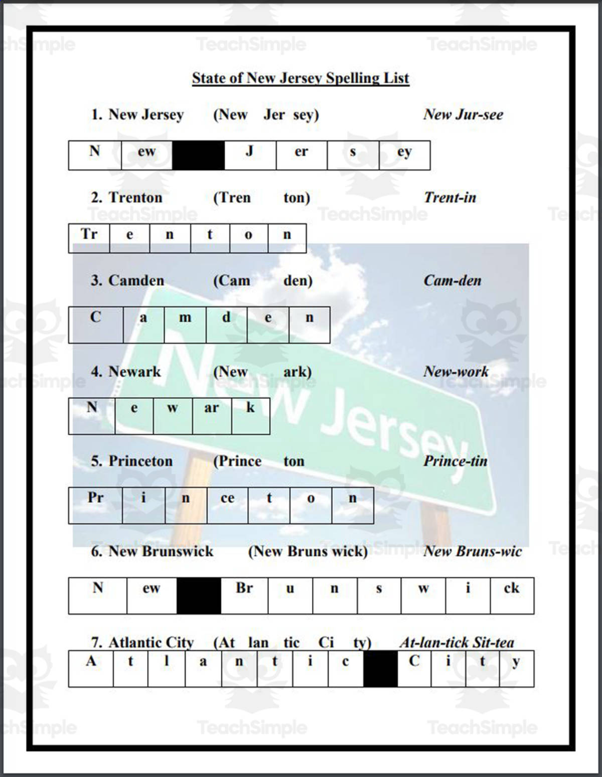 An educational teaching resource from Mr. Matthews Teacher Store entitled State of New Jersey Spelling List downloadable at Teach Simple.