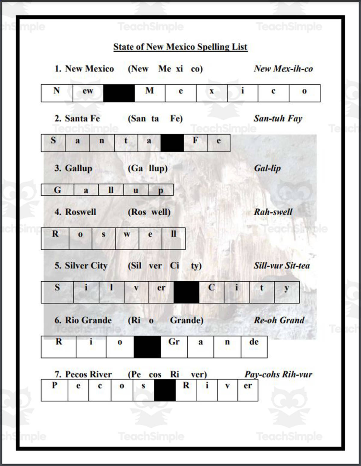 An educational teaching resource from Mr. Matthews Teacher Store entitled State of New Mexico Spelling List downloadable at Teach Simple.