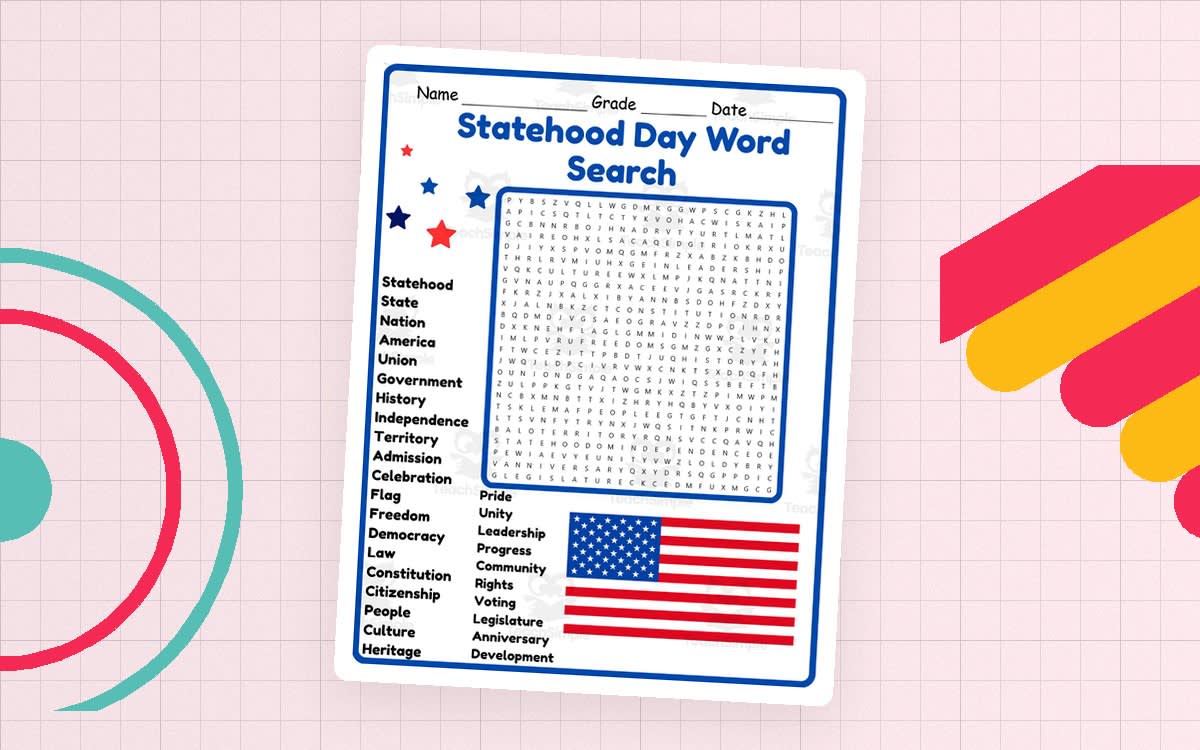 An educational teaching resource from Classsim entitled Statehood Day Word Search 2nd 3rd 4th 5th Grade Worksheet Activity downloadable at Teach Simple.