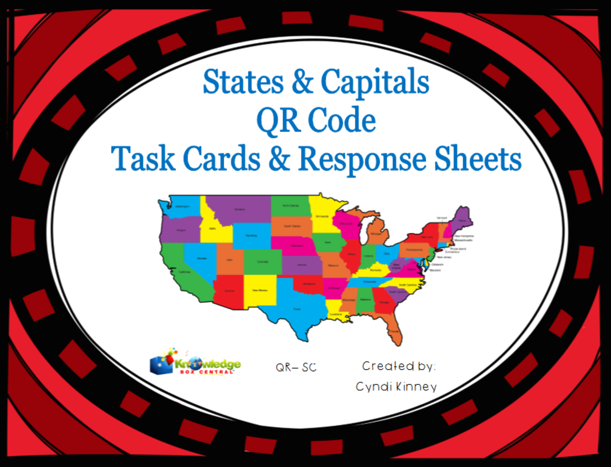 An educational teaching resource from Knowledge Box Central entitled States & Capitals QR Task Cards & Response Sheets - EBOOK downloadable at Teach Simple.