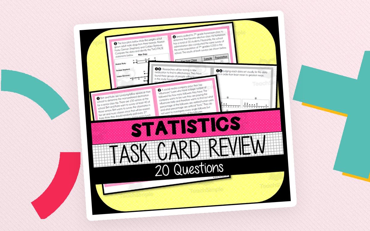 An educational teaching resource from The Math Cafe entitled Statistics Unit Review TASK CARDS downloadable at Teach Simple.
