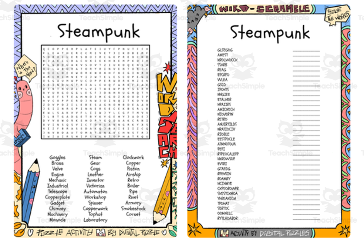 An educational teaching resource from Lapiiin Art Activities entitled Steampunk word search & scramble downloadable at Teach Simple.