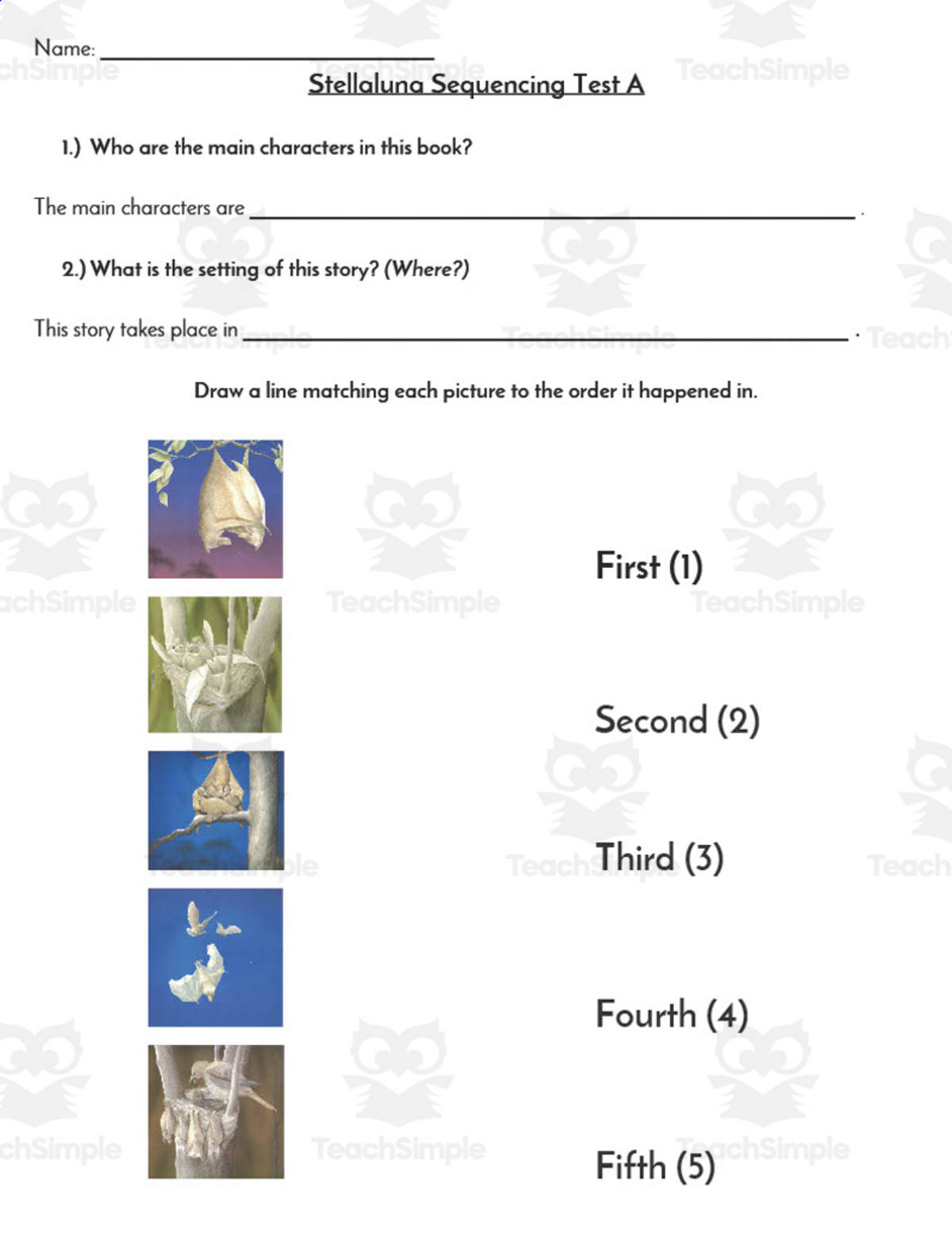 An educational teaching resource from ELA Resources entitled Stellaluna Sequencing Assessment downloadable at Teach Simple.
