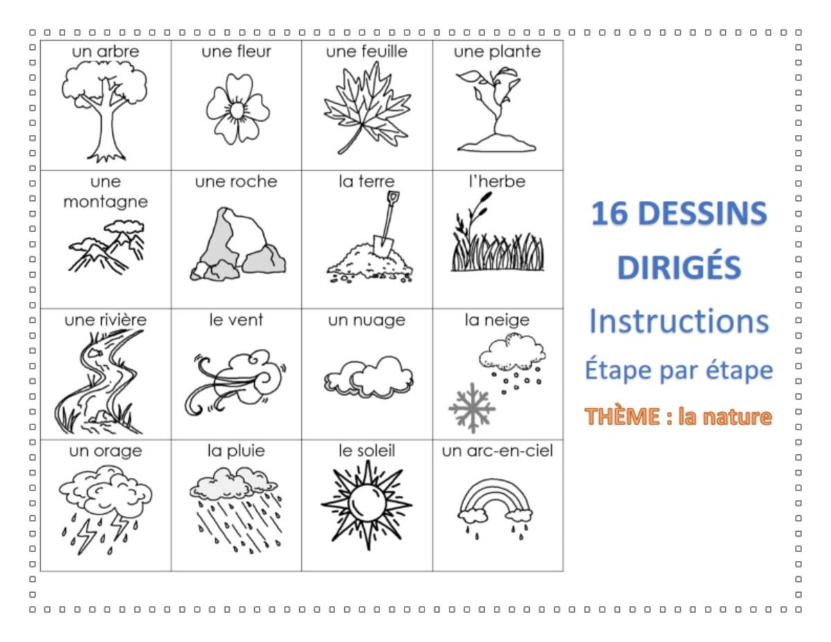 An educational teaching resource from Brave Education entitled Step-By-Step Art: 16 Nature/Weather Drawings (French Version) downloadable at Teach Simple.