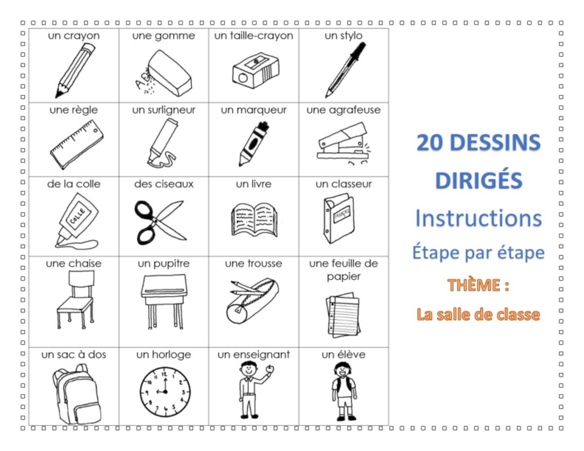 An educational teaching resource from Brave Education entitled Step-By-Step Art: 20 Classroom Drawings (French Versions) downloadable at Teach Simple.