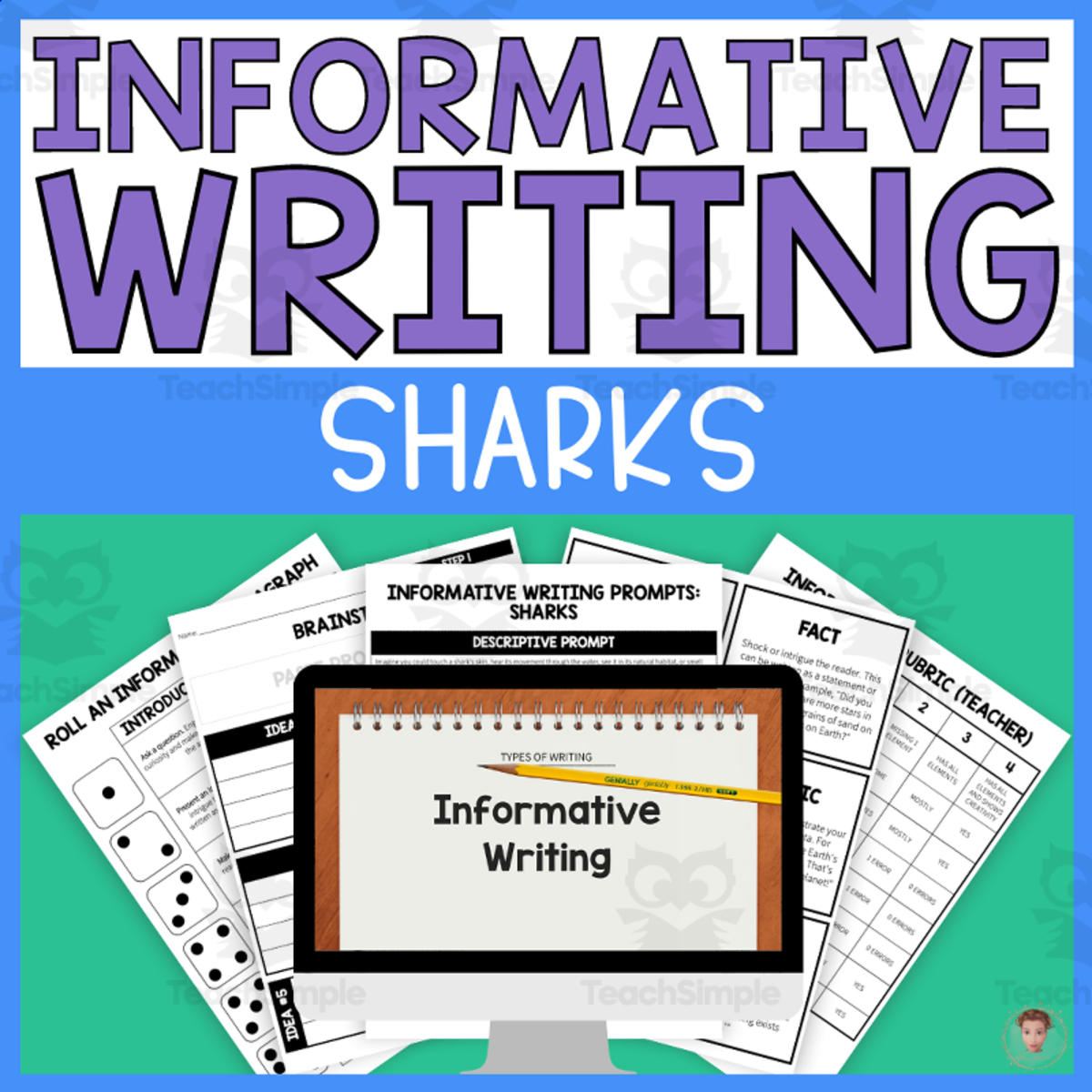 An educational teaching resource from Heather Huhman entitled Step-by-Step Informative Writing (Shark Writing Prompts) downloadable at Teach Simple.