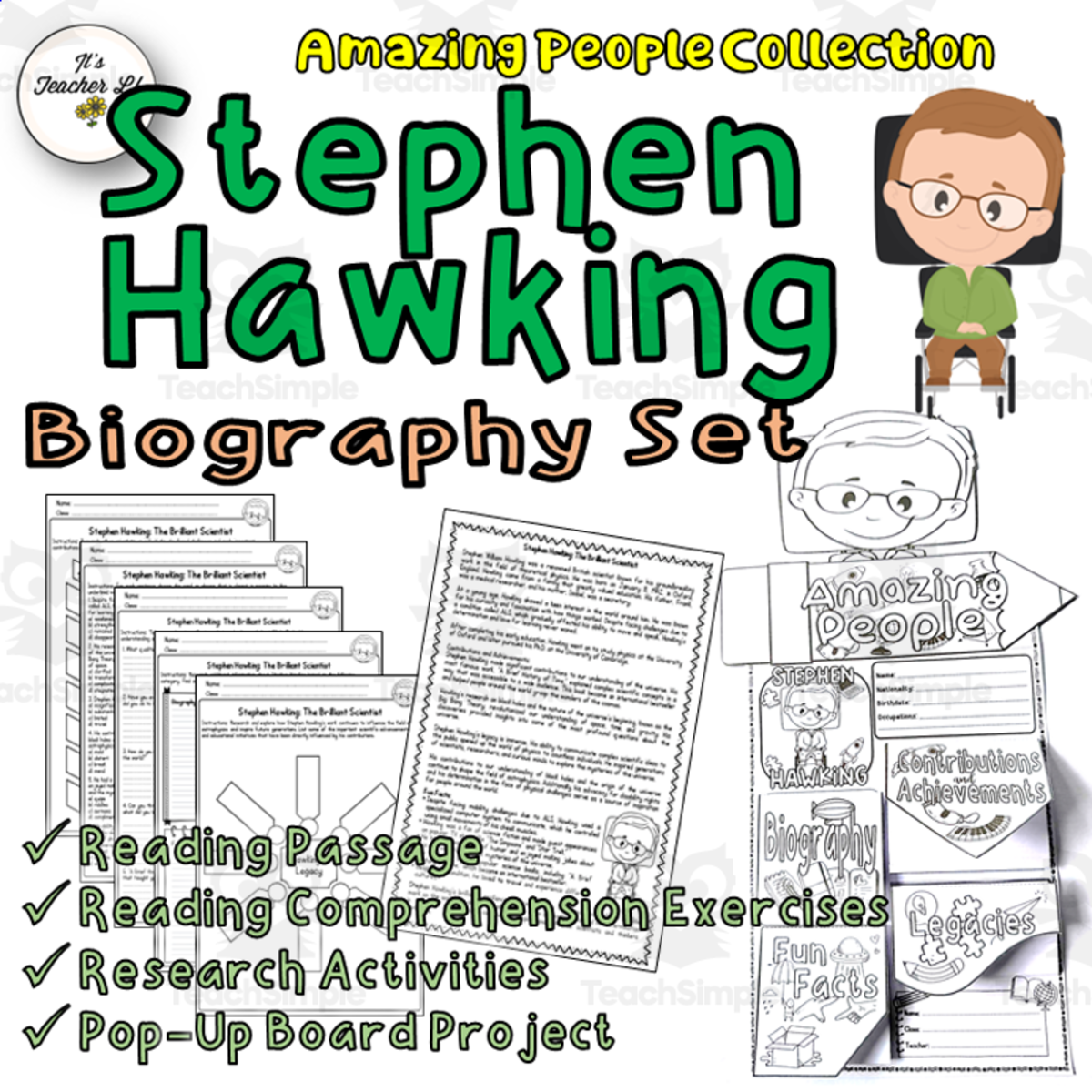An educational teaching resource from It's Teacher L entitled Stephen Hawking Biography Set | Integrated Study | Sub Plan downloadable at Teach Simple.