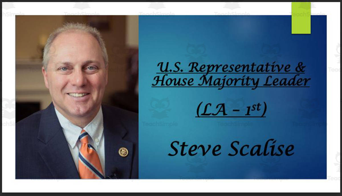 An educational teaching resource from Mr. Matthews Teacher Store entitled Steve Scalise (U.S. Representative LA - 1st & House Majority Leader) BIO PPT downloadable at Teach Simple.