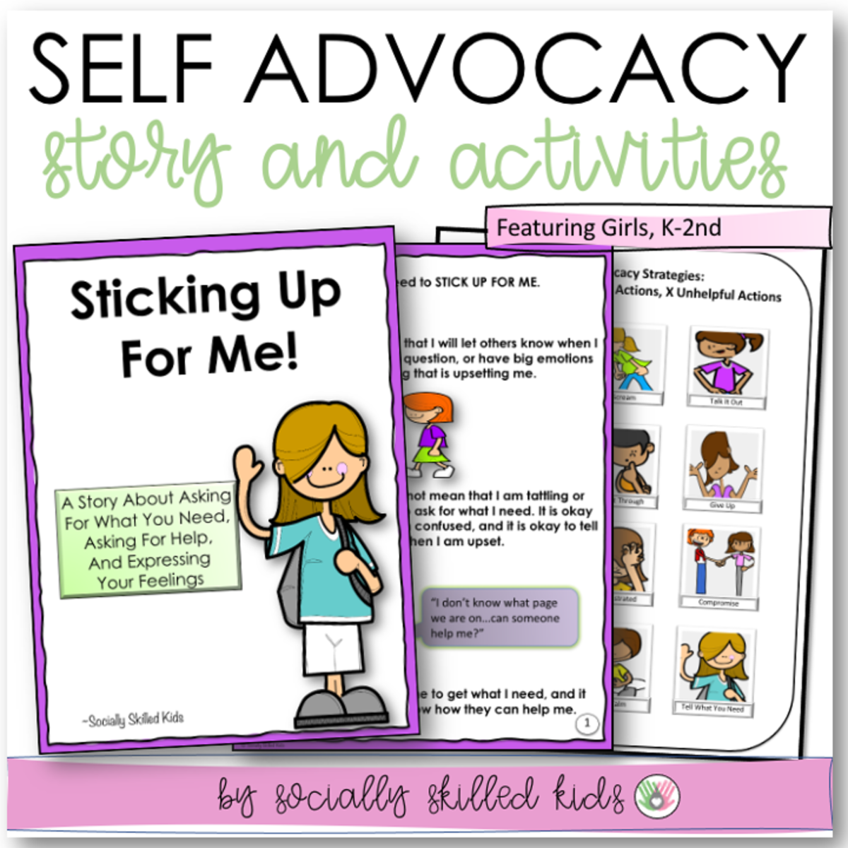 An educational teaching resource from Socially Skilled Kids entitled Sticking Up For Me, Social Skills Story and Activities, Featuring Girls, K-2nd Grade downloadable at Teach Simple.