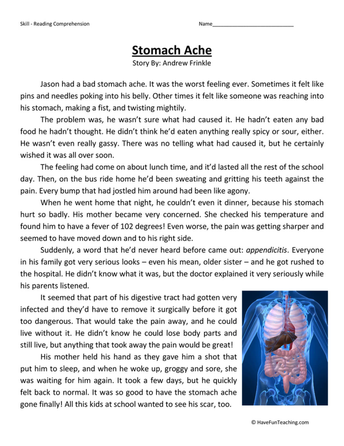 An educational teaching resource from Have Fun Teaching entitled Stomach Ache Reading Comprehension Worksheet downloadable at Teach Simple.