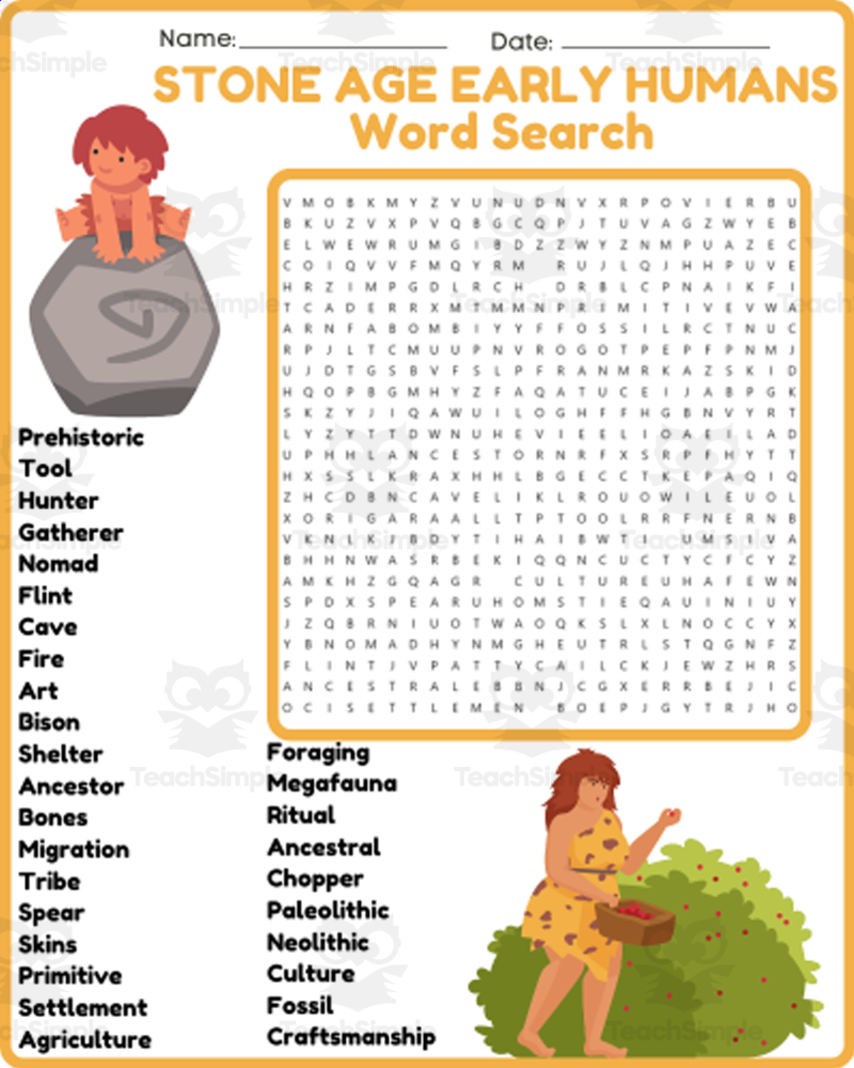 An educational teaching resource from space shope entitled STONE AGE EARLY HUMANS Word Search Puzzle Worksheet Activity - Prehist downloadable at Teach Simple.