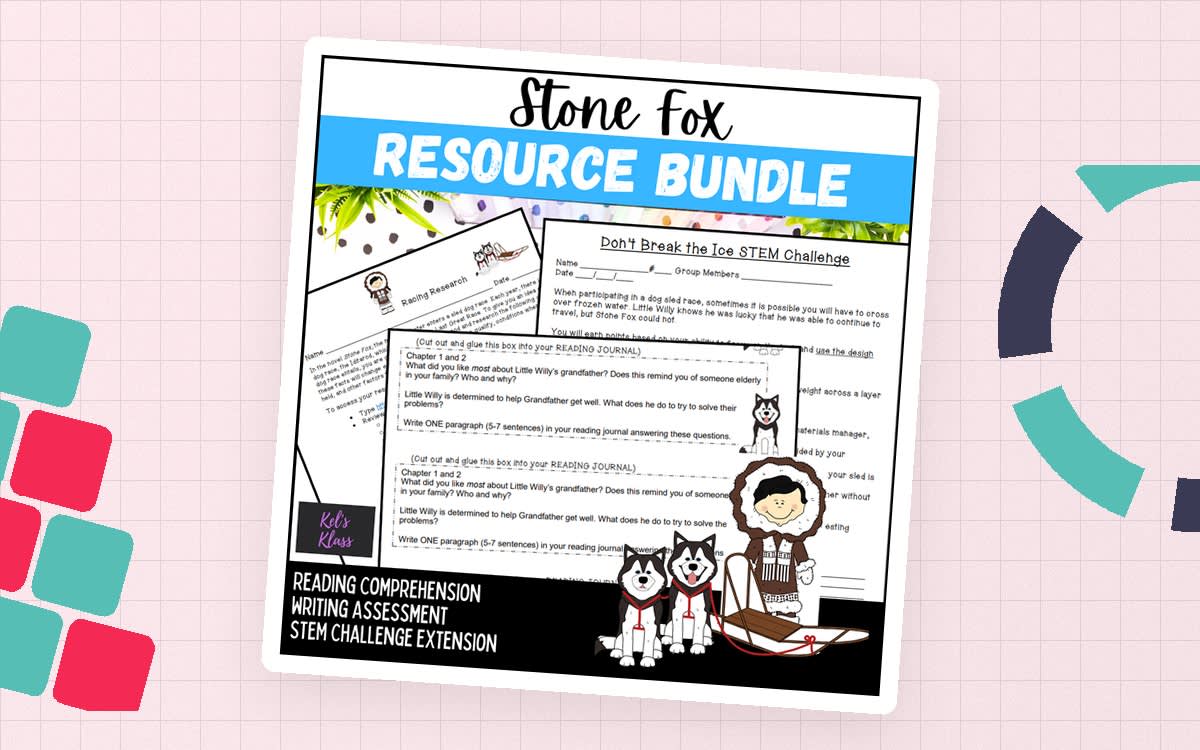 An educational teaching resource from Kel's Klass entitled Stone Fox Literature Unit and STEM Challenge downloadable at Teach Simple.