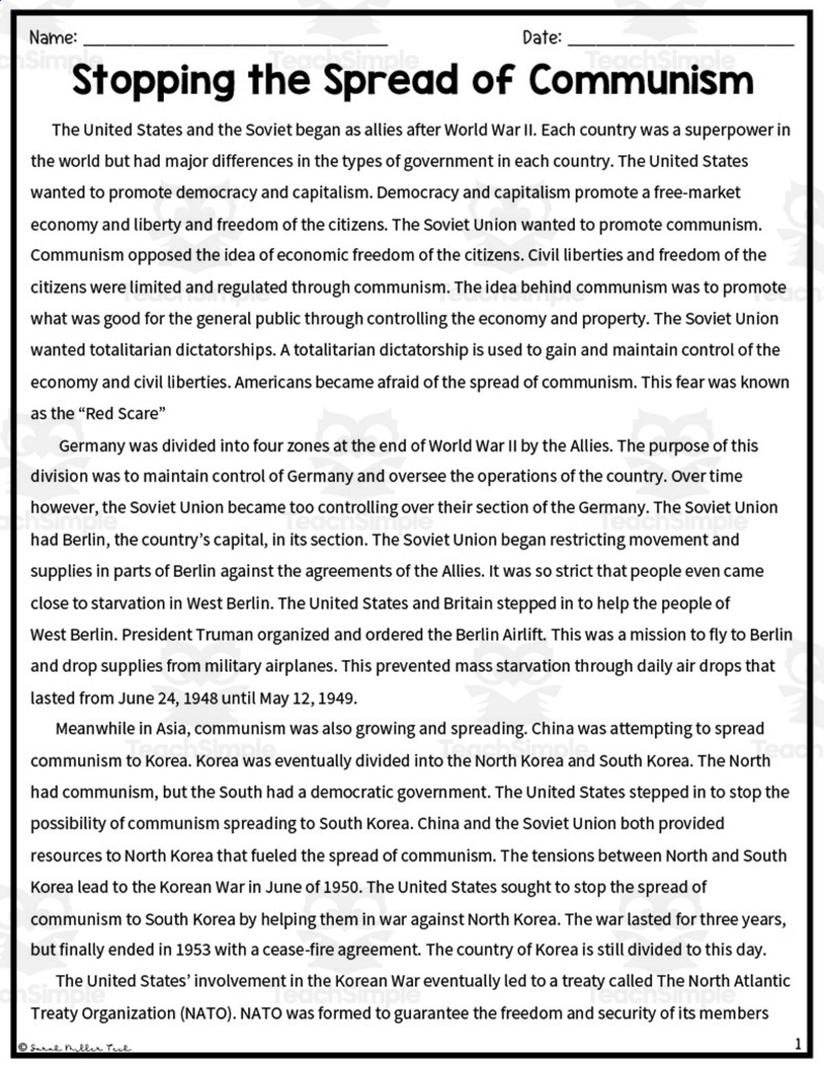 An educational teaching resource from Sarah Miller Tech entitled Stopping the Spread of Communism Reading Packet downloadable at Teach Simple.