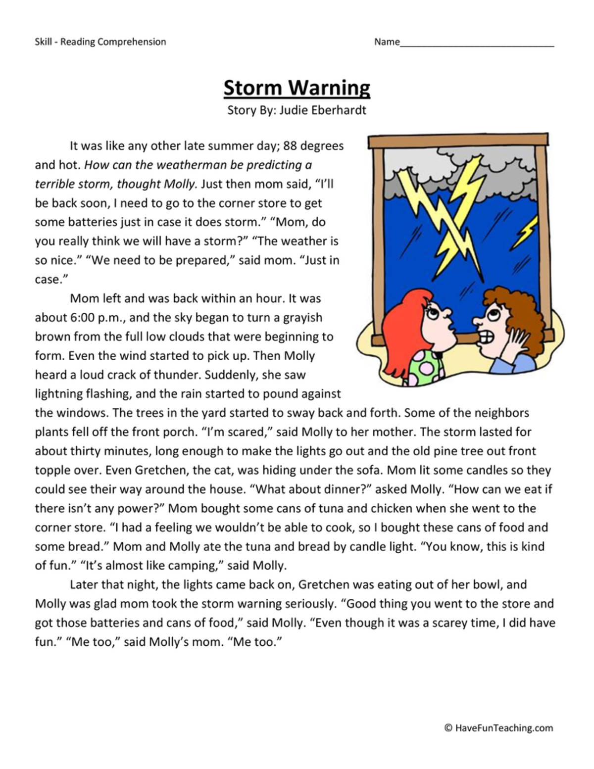 An educational teaching resource from Have Fun Teaching entitled Storm Warning Reading Comprehension Worksheet downloadable at Teach Simple.